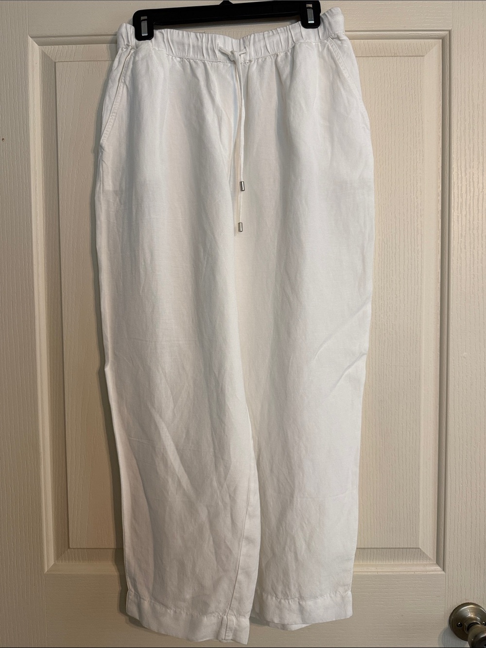 Women's White Wide-Leg Linen-Blend Drawstring Pants